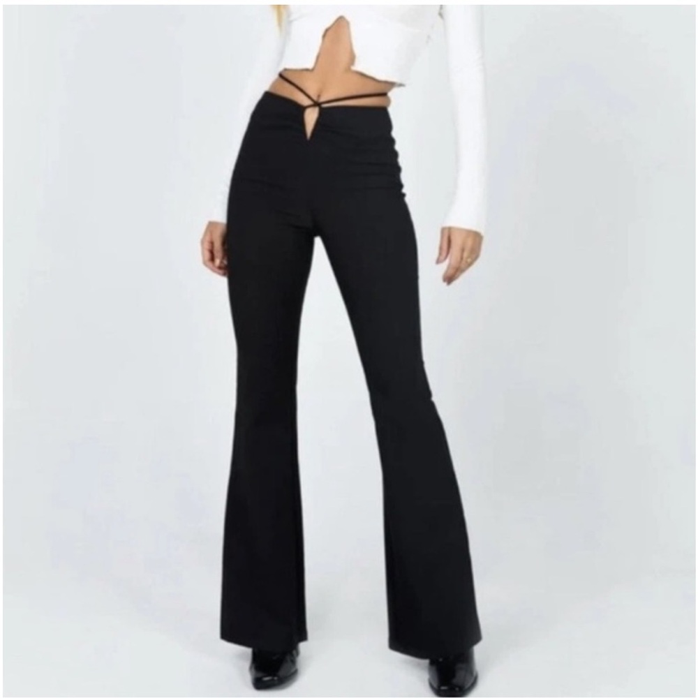 Princess Polly Lovey Flare Leg Black Pants Tie Waist Boho Festival Going Out 6